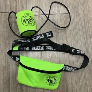 PINK Crossbody Bag / Fanny Pack and Lanyard Style Can Koozie, Neon Green